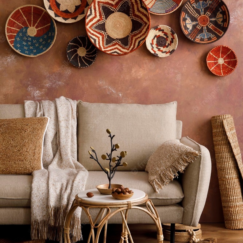 أطباق من القش لتزيين جدران منزل بأسلوب Boho