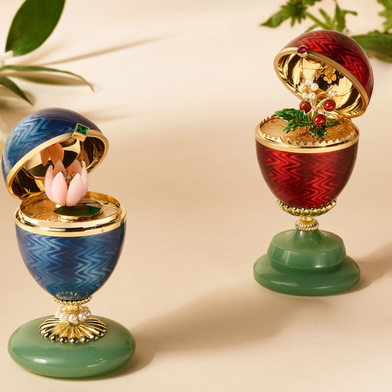 بيضة الفراولة البرية Wild Strawberry Egg وبيضة زنبق الماء Water Lily Egg، كارل فابرجيه Carl Fabergé