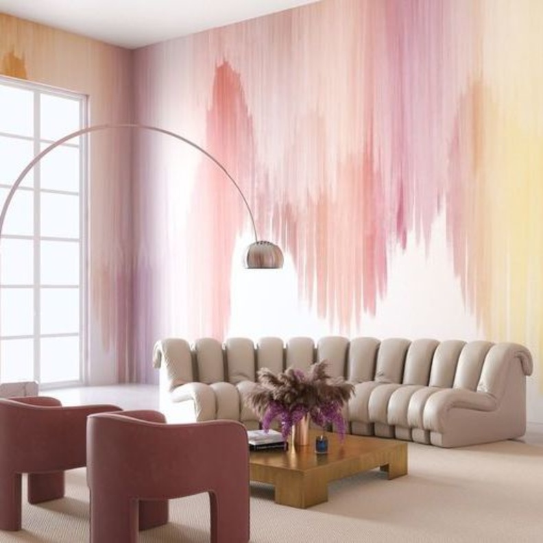 ورق جدران بألوان الباستيل تنسجم مع ديكور غرفة المعيشة
