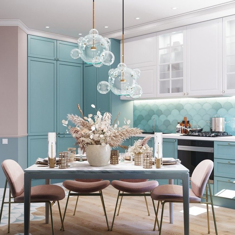 ديكور مطلبخ بالأزرق الباستيل ولمسات من الوردي