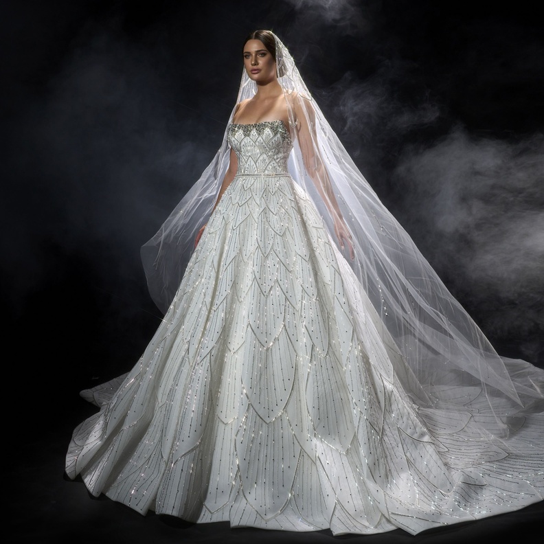 فستان زفاف يتضمن الآلاف من حبات الخرز والكريستال بقطار ساحر