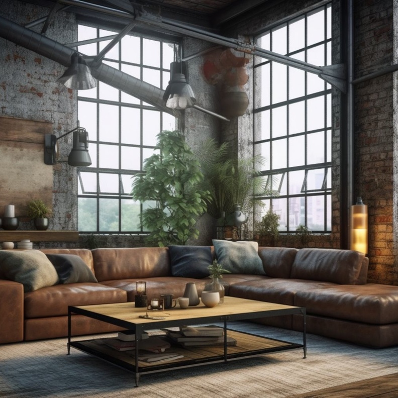 جدار حجري مع الكنب الجلدي لغرفة معيشة  Steampunk 