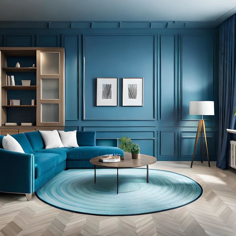 الخشب يدفئ الجدران الزرقاء في غرف المعيشة