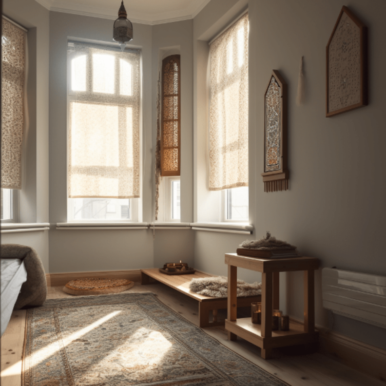 يفضل أن تكون زاوية العبادة محتوية على نافذة مزينة بستارة شفافة للسماح للضوء الطبيعي بملء المساحة