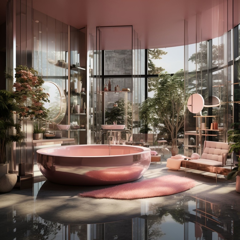 حمام فخم يتميز بحوض الاستحمام باللون الوردي