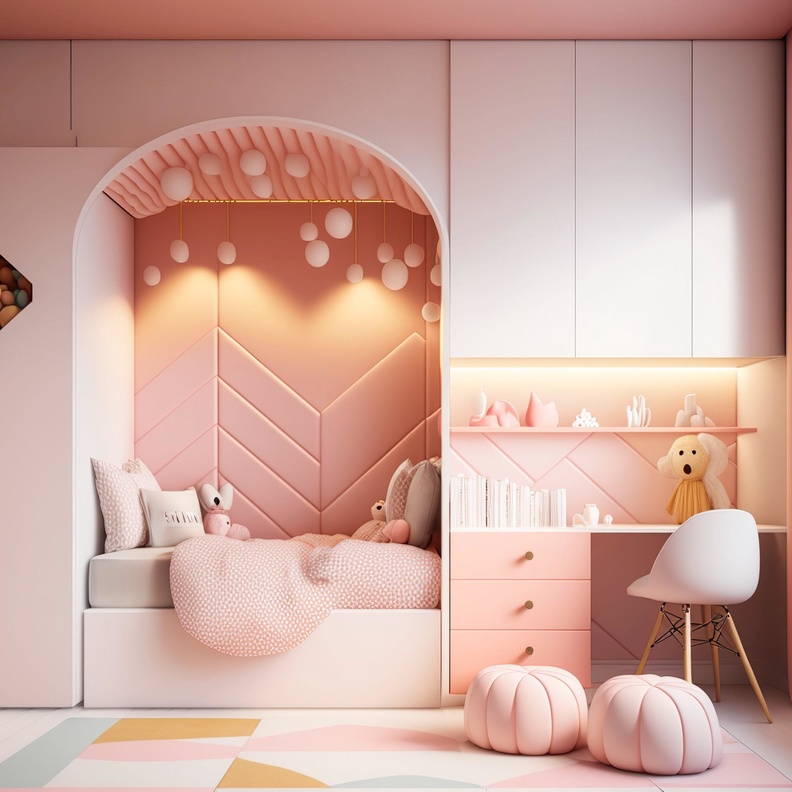 غرفة نوم أطفال باللون الوردي الباستيل وبدرجة ناعمة ودافئة