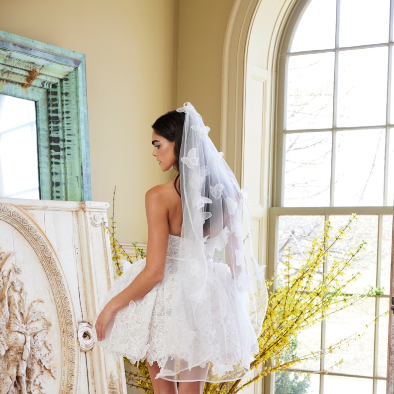 فستان زفاف قصير مشبع بالتطريزات من إناس دي سانتو