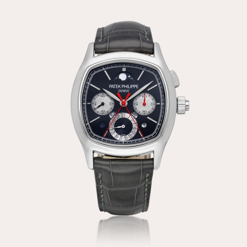 ساعة باتيك فيليب من البلاتين مع تقويم دائم وكرونوغراف، السعر المقدر 250,000 – 350,000 دولار