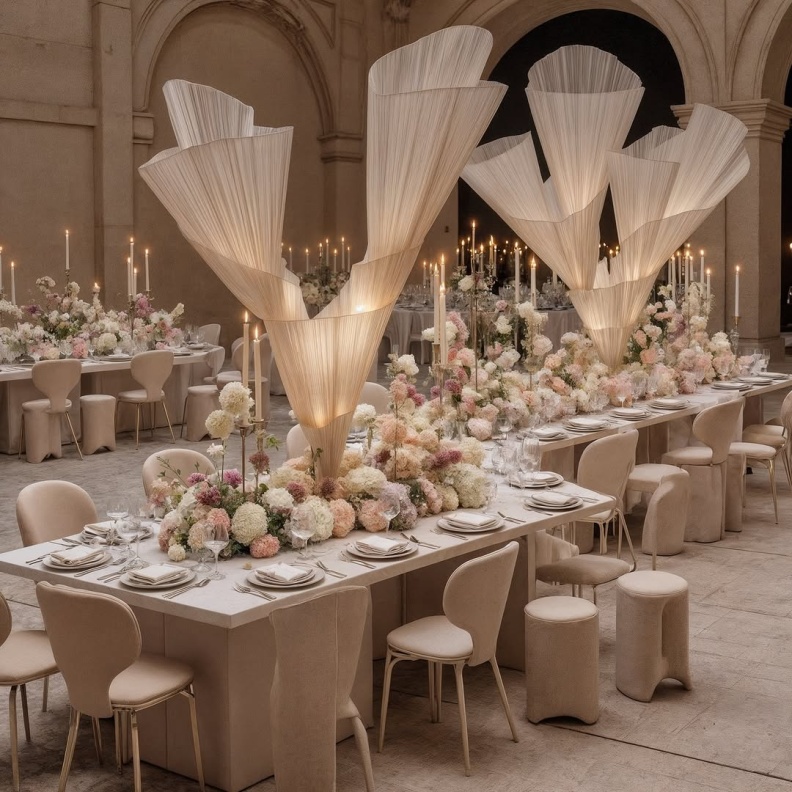 زينة طاولات بيج من Aira Weddings & Corporate