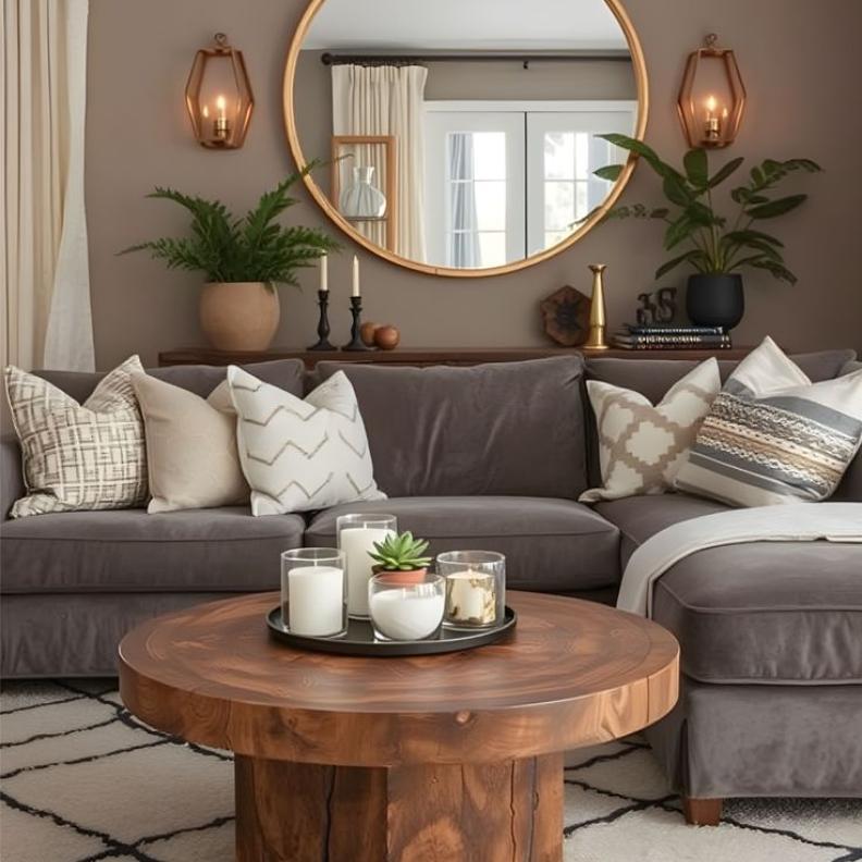 غرفة معيشة مزينة بطاولة قهوة ومرآة دائرية
