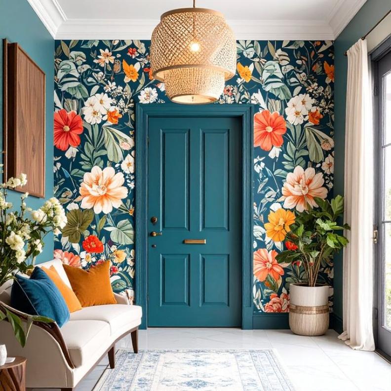 يفضل الخبراء تزيين المدخل بورق الحائط ذو النقوش الكبيرة لخلق انطباع أول لا يُنسى