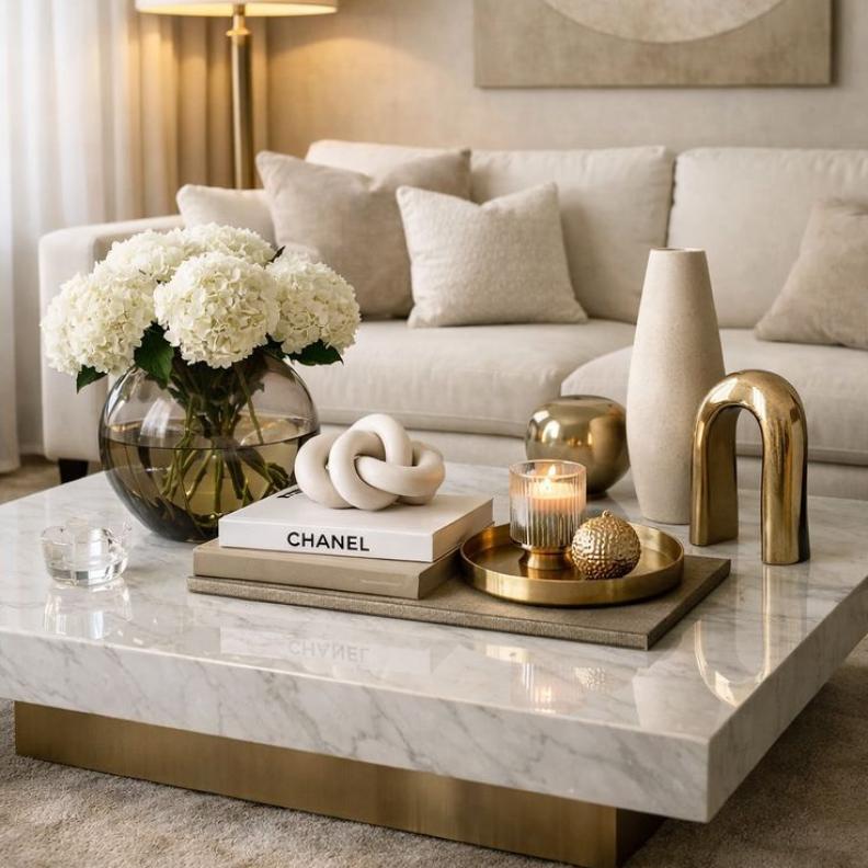 طاولة قهوة مركزية مزينة بإكسسوارات مميزة