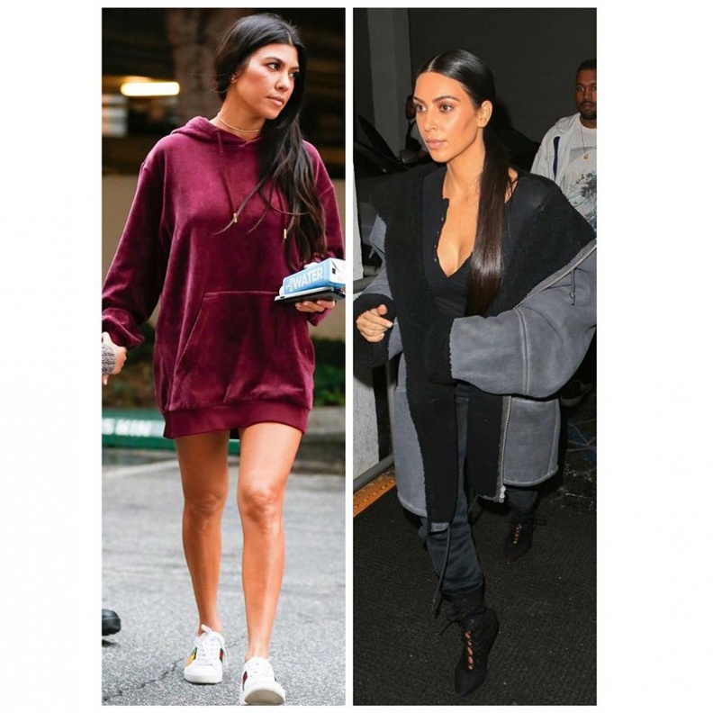 شاهدنا كورتني كارداشيان وقد اختارت سويتشيرت فضفاضة باللون العنابي من المخمل مع حذاء رياضي من غوتشي