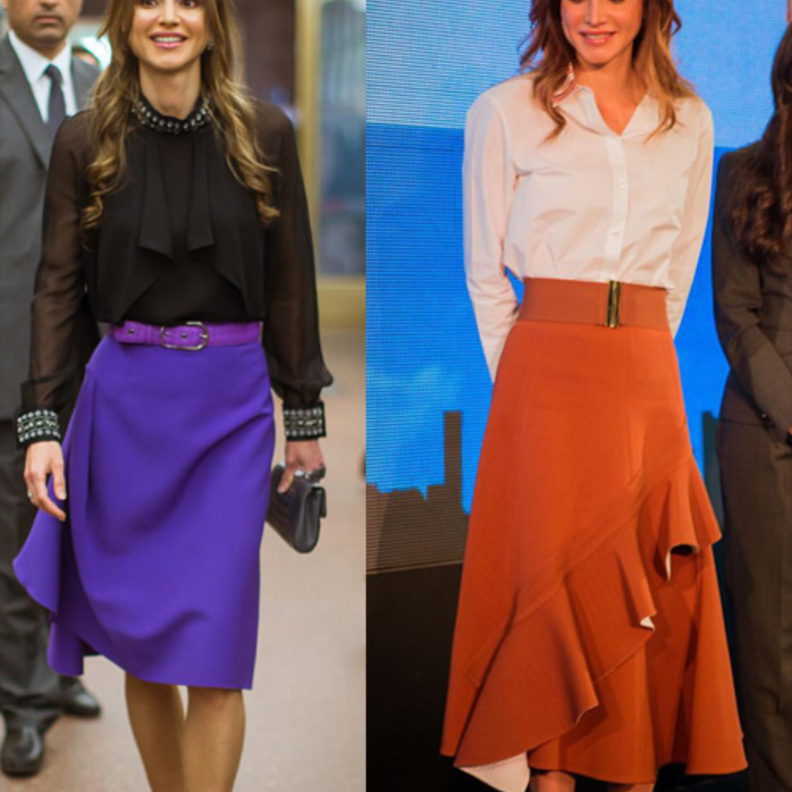 الملكة رانيا لا تهمل ارتداء التنانير الطويلة مع القميص الكلاسيكي