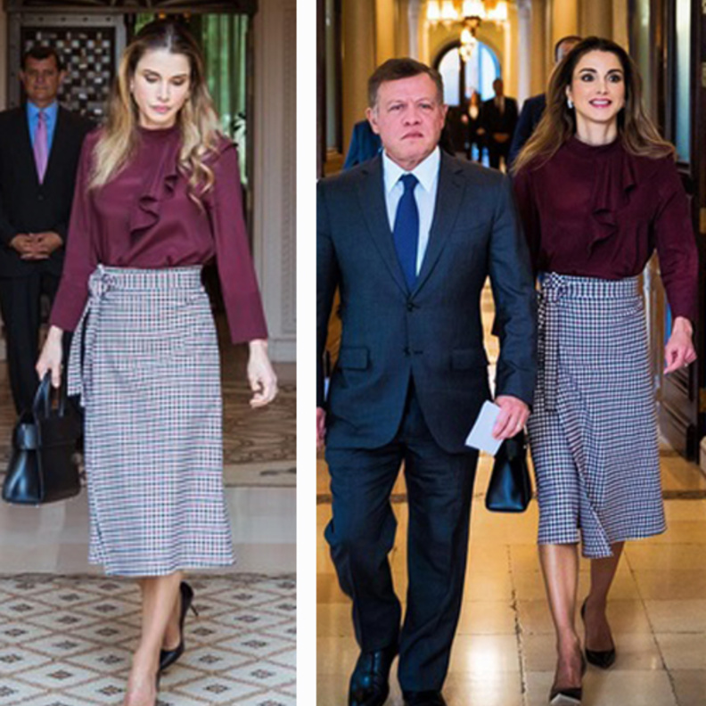 الملكة رانيا لا تتخلى عن تنانير الكارو الكلاسيكية