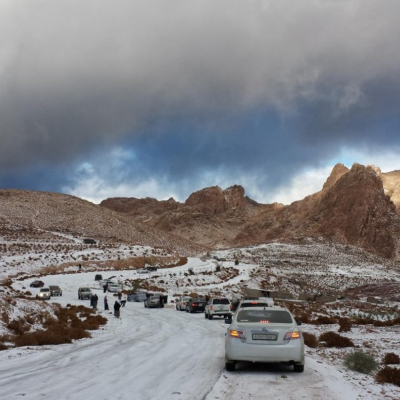 الثلوج تجذب السياح لجبال اللوز بتبوك