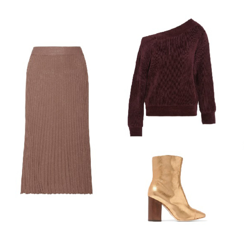 اطلالة بالتنورة الميدي بألوان الخريف الهادئة