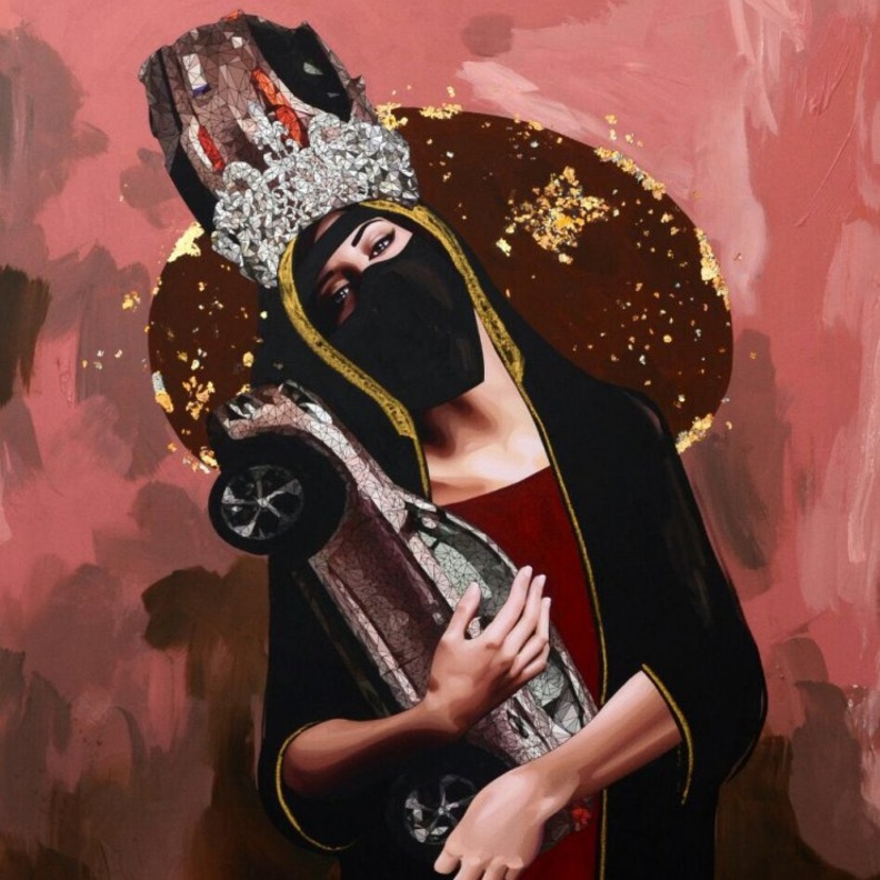 من لوحات الفنانة سكنة آل طرموخ لتجسيد مشاعر النساء.