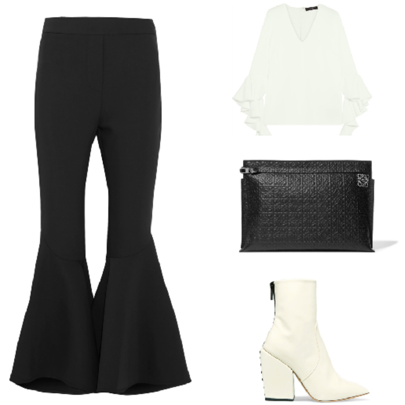  نسقي المعطف الأسود الشتوي مع الفستان الأبيض والحقيبة البيضاء.