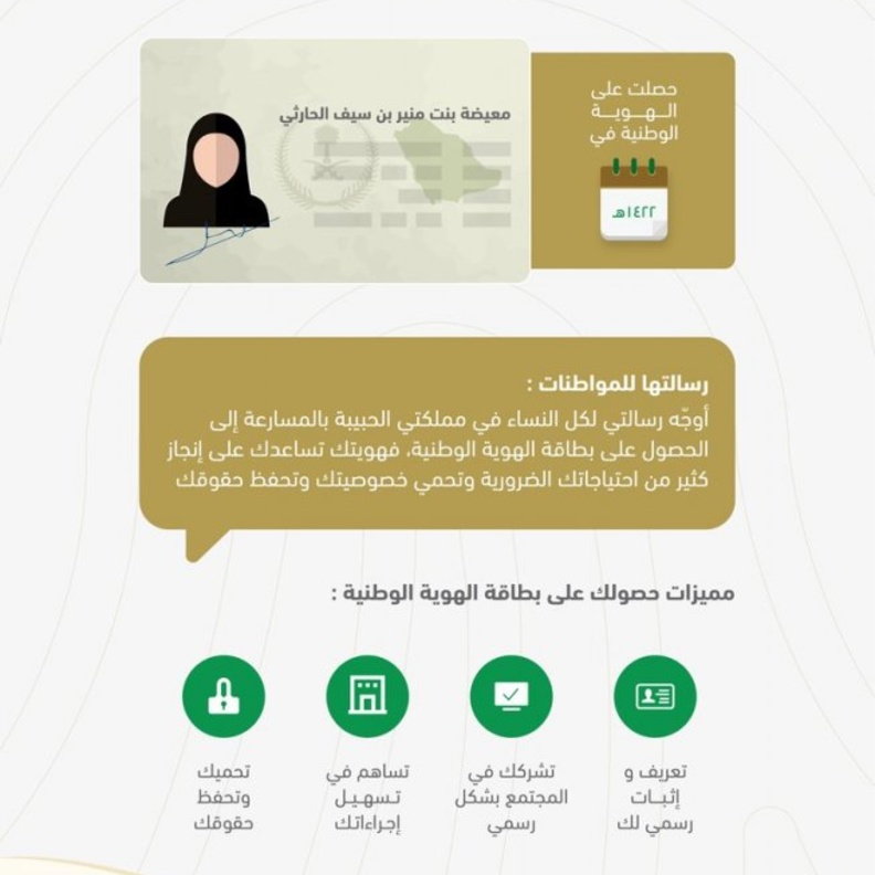 معيضة الحارثي أول سعودية تصدو الهوية الوطنية 