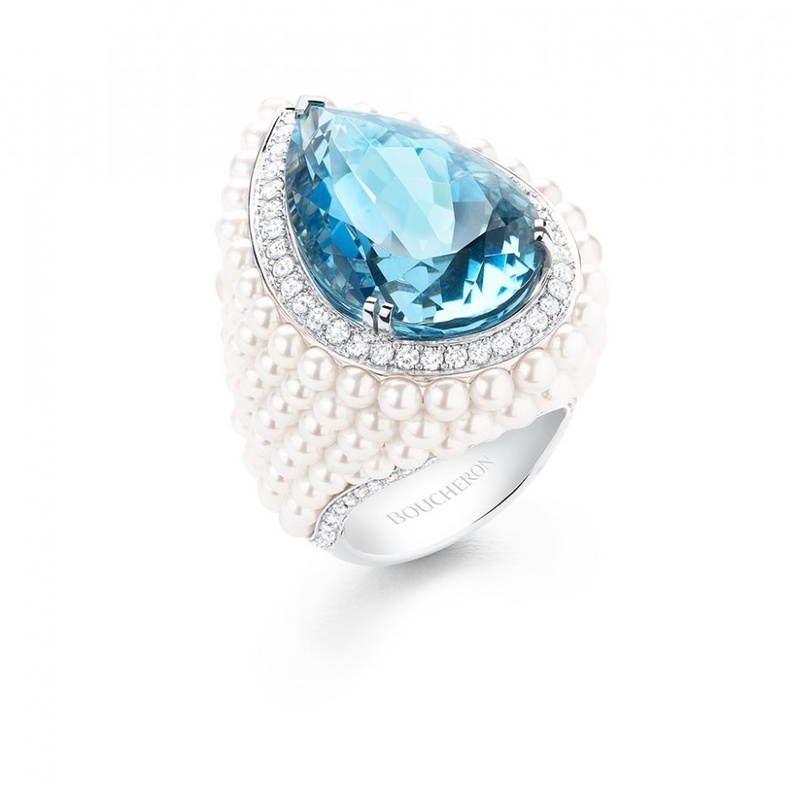 خاتم بوشرون الماس و لؤلؤ وحجر أكوامارين 