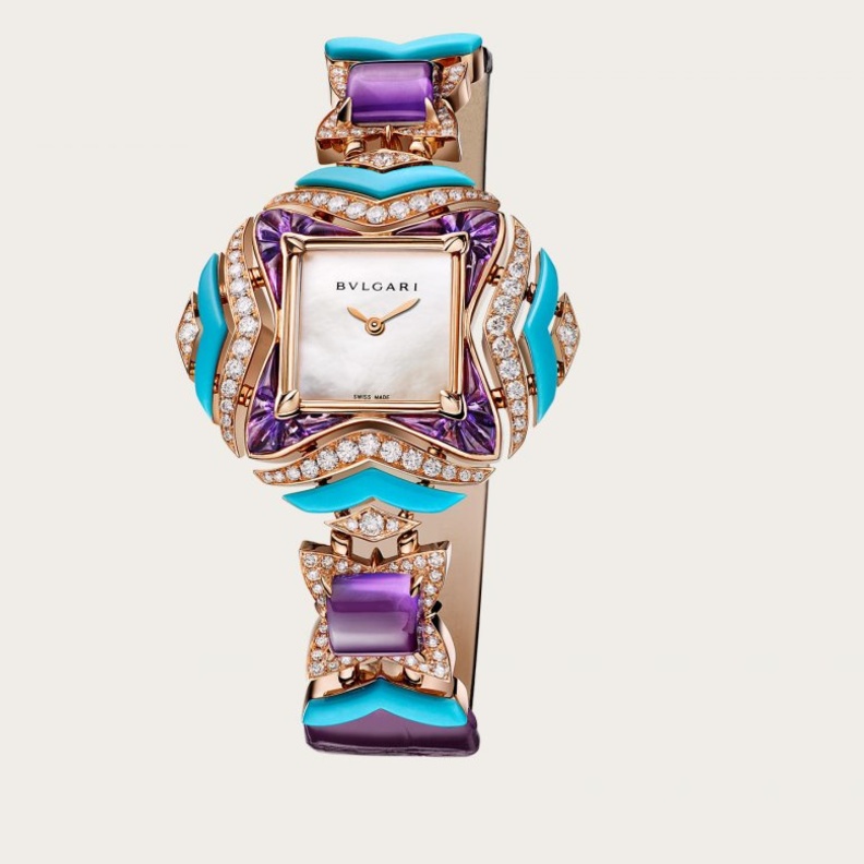 ساعة بولغاري من جلد التمساح الأزرق والذهب الوردي والماس