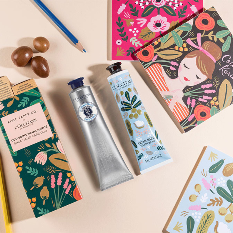 مجموعة L’OCCITANE وRIFLE PAPER CO. محضّرة بحبّ وزبدة الشيا.