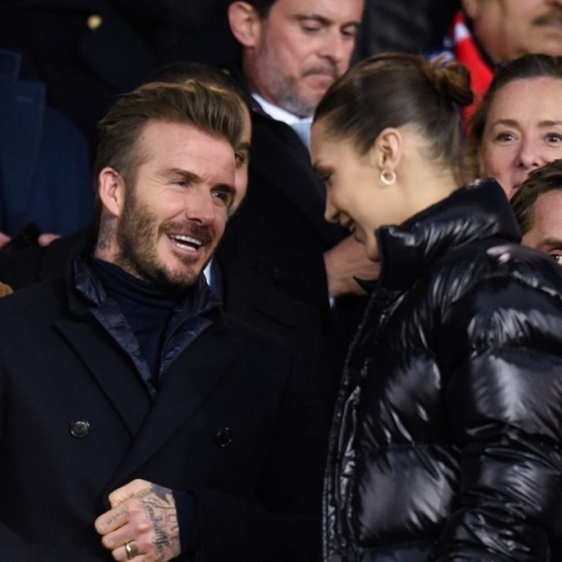ديفيد بيكهام يشاهد مباراة ريال مدريد وباريس جان جيرمان بصحبة بيلا حديد