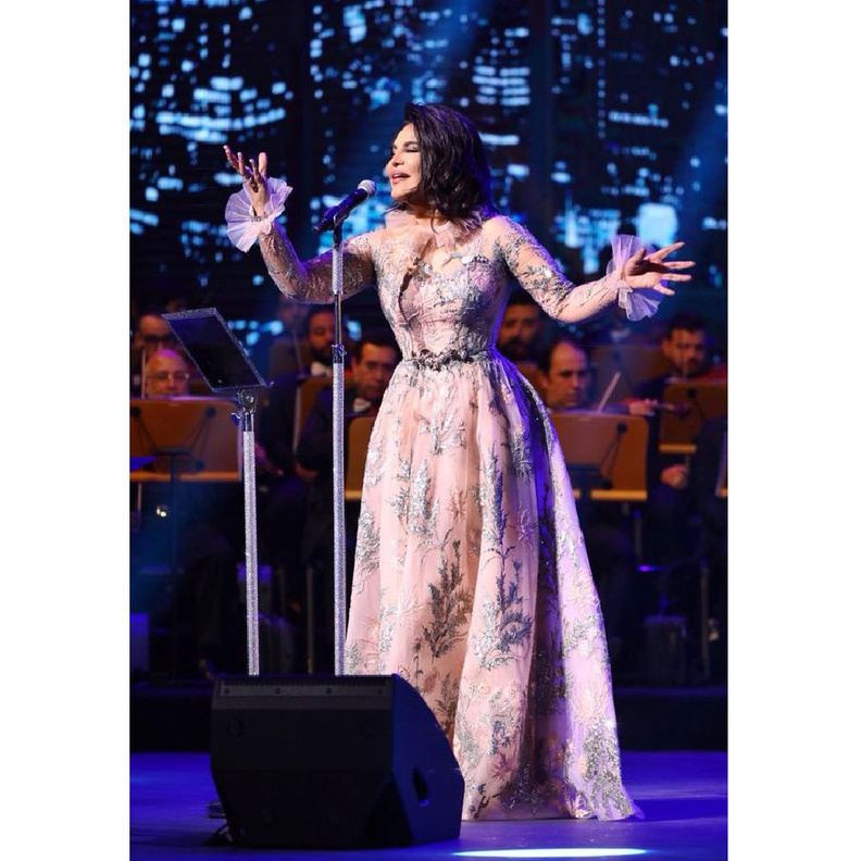 تميّز الفستان بأكمامه الطويلة والكشاكش التي زيّنت الاكمام والياقة