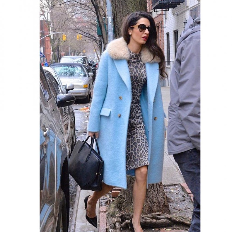 امل كلوني ترتدي نقشات النمر مع المعطف الازرق