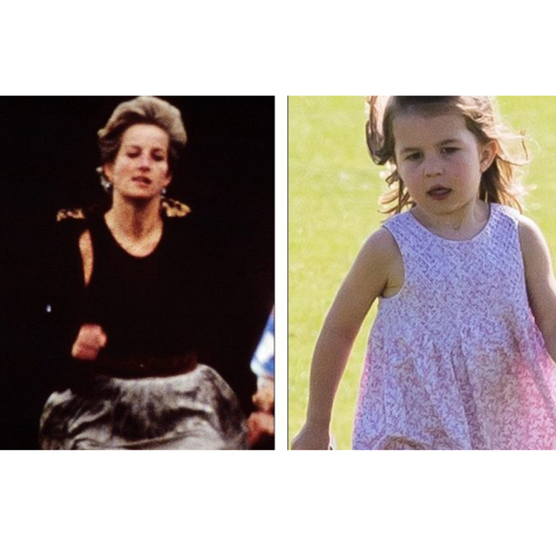 صورة الأميرة تشارلوت وهي تقفز في الهواء بمرح تشبه كثيرا صورة الأمير ديانا وهي تقفز في الهواء خلال عطلة في سان تروبيه