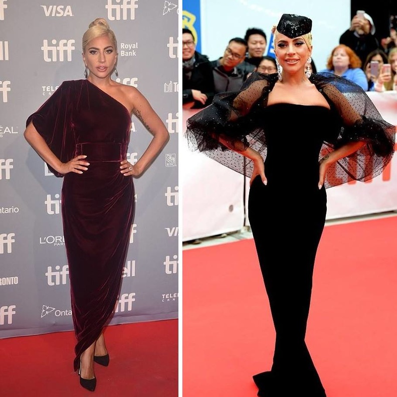 ليدي غاغا Lady Gaga بفستان أحمر مخملي وضيق