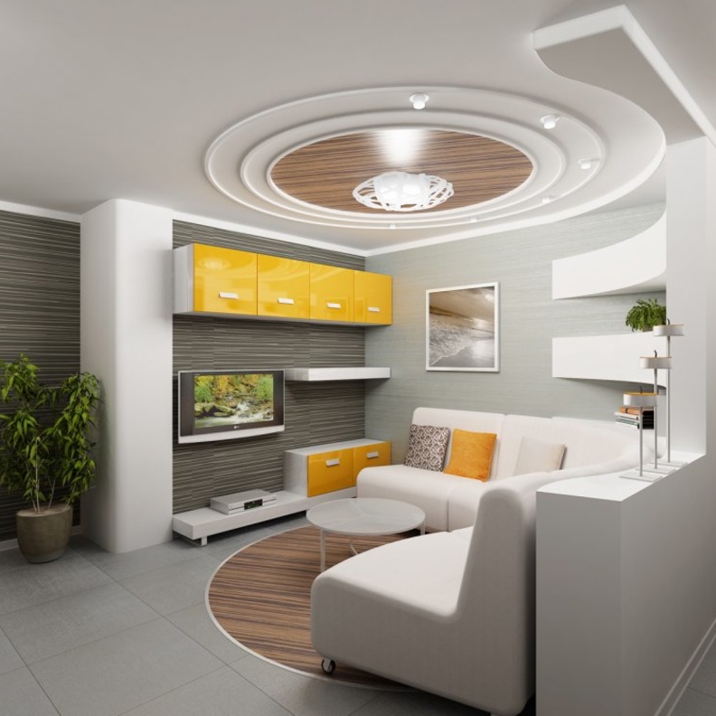  جبس بورد السقف يقسم غرفة المعيشة ويوزع الإنارة فيها