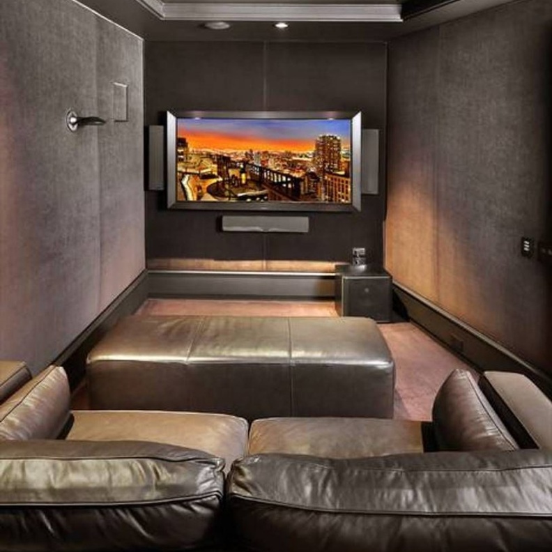 البيج والرمادي في ديكور سينما منزلية أنيقة وفخمة