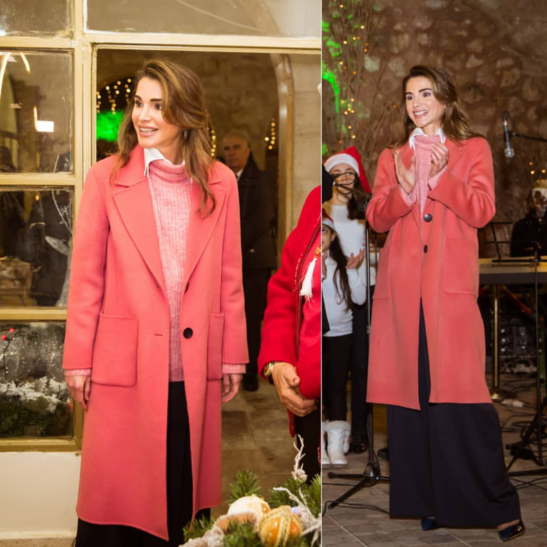 الملكة رانيا بصيحة المعطف المرجاني مع الكنزة الصوفية