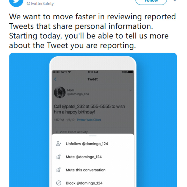 تويتر تتيح إمكانية الإبلاغ عن التغريدات التي تحتوي على معلومات شخصية