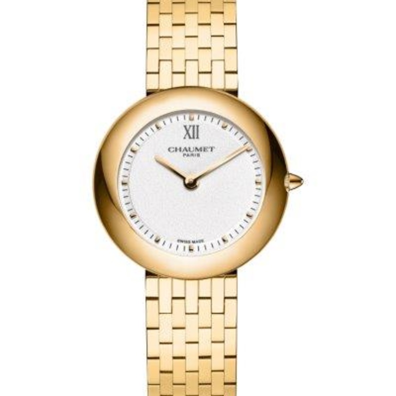 ساعة Boléro موديل صغير الحجم - 30 ملم ذهب أصفر، قرص أبيض ومحبّب مطلي بالفضّة، حركة كوارتز سويسرية، ومشبك ثلاثي الطيّات