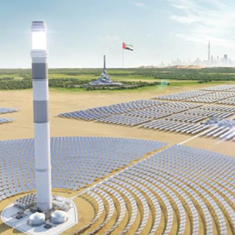 برج الطاقة الشمسية المركزة أطول برج لإنتاج الطاقة الشمسية في العالم بدبي
