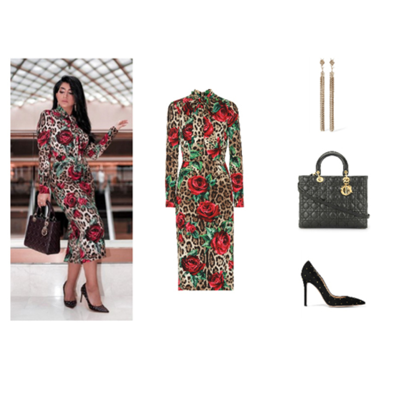 اطلالة محتشمة أنيقة اعتمدتها بثينة الرئيسي في فستان ميدي معرق