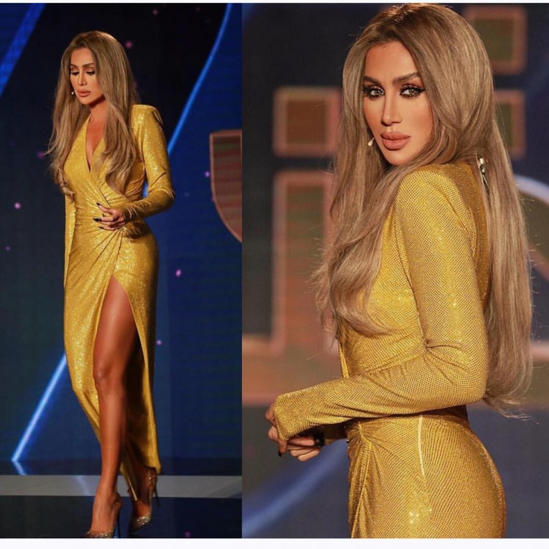 مايا دياب بفستان سهرة براق وذهبي بتوقيع دار ألكسندر فوتييه ‏Alexandre Vauthier