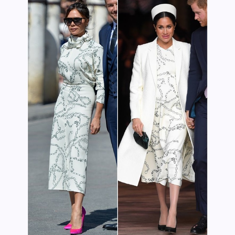 فيكتوريا بيكهام بفستان أبيض مزخرف برفقة زوجها