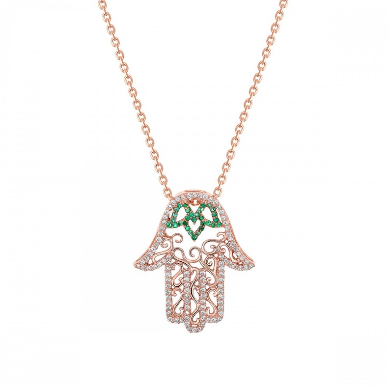 اقراط ذهب على شكل يد فاطمة مزينة بالياقوت من Sydney Evan