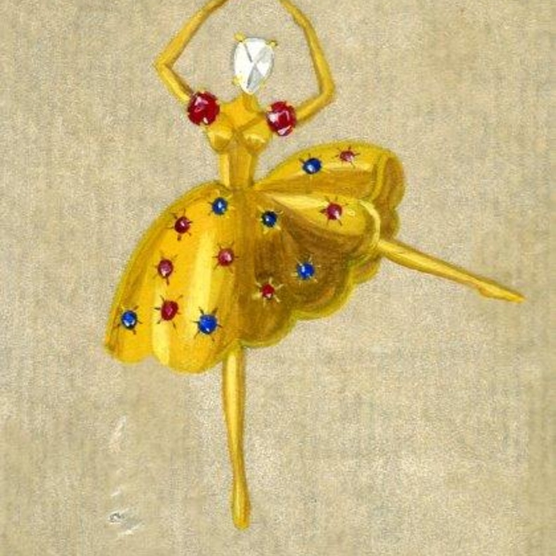 مشبك باليرينا 1943 ذهب أصفر وياقوت وسافير وماس