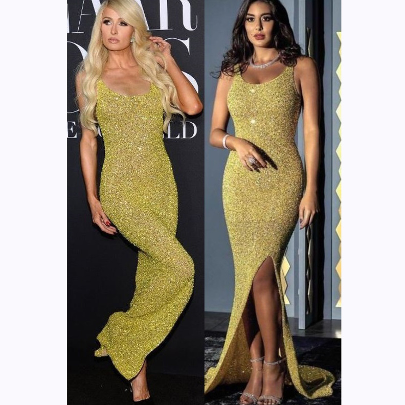 بين ياسمين صبري وباريس هيلتون من بدت أجمل بالفستان الأصفر من تصميم يوسف الجسمي؟