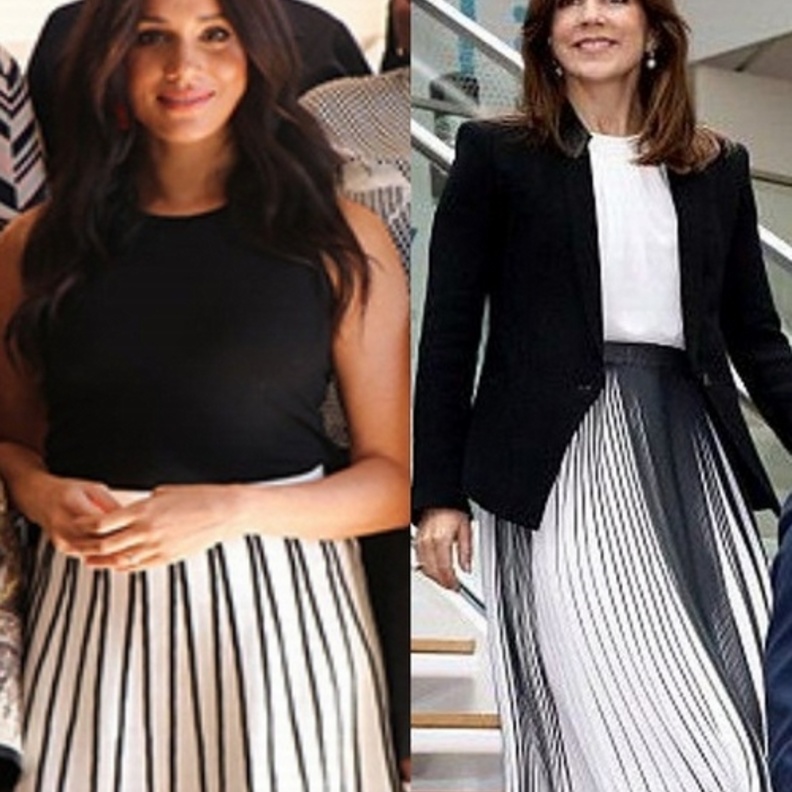 إختارت ميغان تنورة بيضاء واسعة بخطوط سوداء رفيعة من مجموعة J.Crew