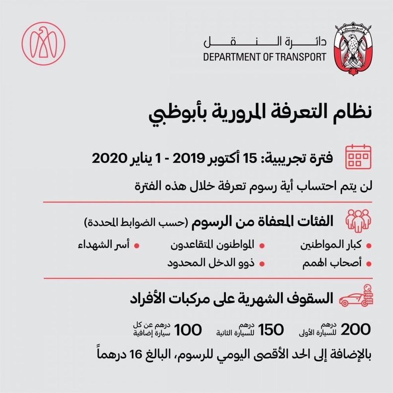 تطبيق فترة تجريبية على نظام التعرفة المرورية بأبوظبي حتى 1 يناير 2020