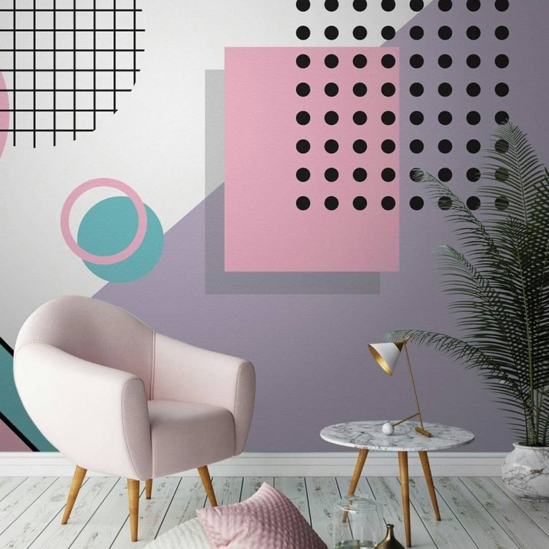 ورق جدران عصري يجمع كرسي ناعم مع طاولةصغيرة واكسسوارات لزوايا منزل عصري 