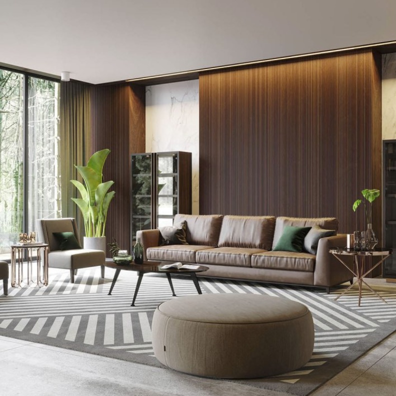 أرضية رخامية تعكس الفخامة على السقف الخشبي البسيط لغرفة المعيشة