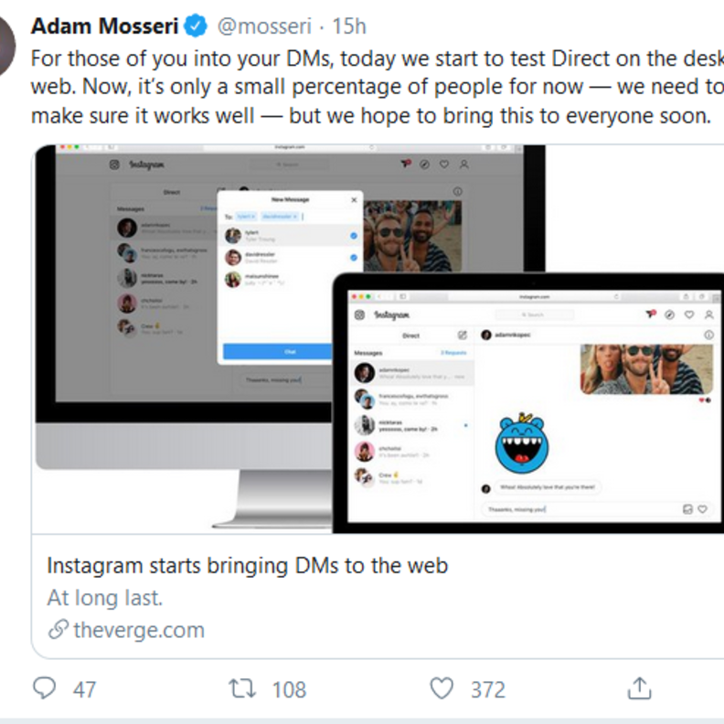 انستقرام تعلن عن دعم ميزة الرسائل الخاصة (DMs) عبر الويب