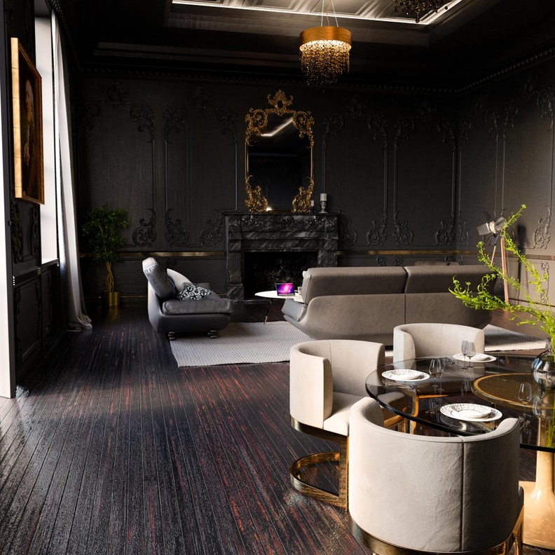 الديكورات بالأسود والذهبي تضيف الفخامة على ديكور المنزل باللون الأبيض البسيط.